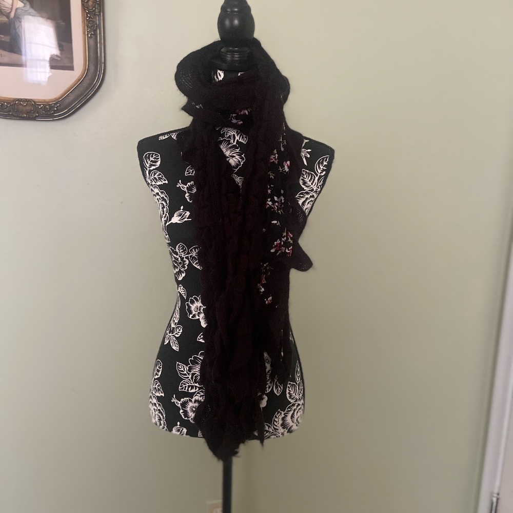 Ruffled Trim Black Floral Scarf